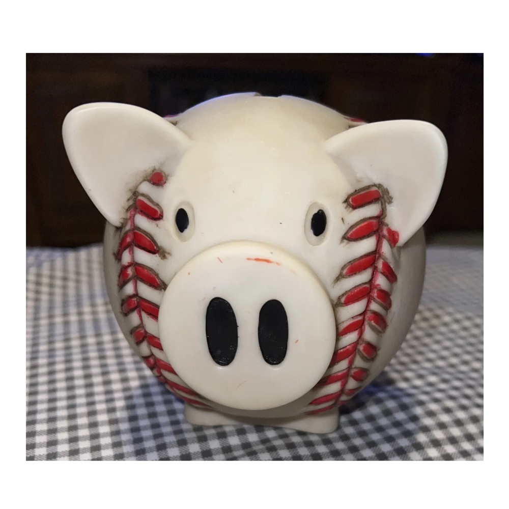 BASEBALL PIGGY COIN BANK. RED LACE 3-D TEXTURE AND DETAIL. RESIN